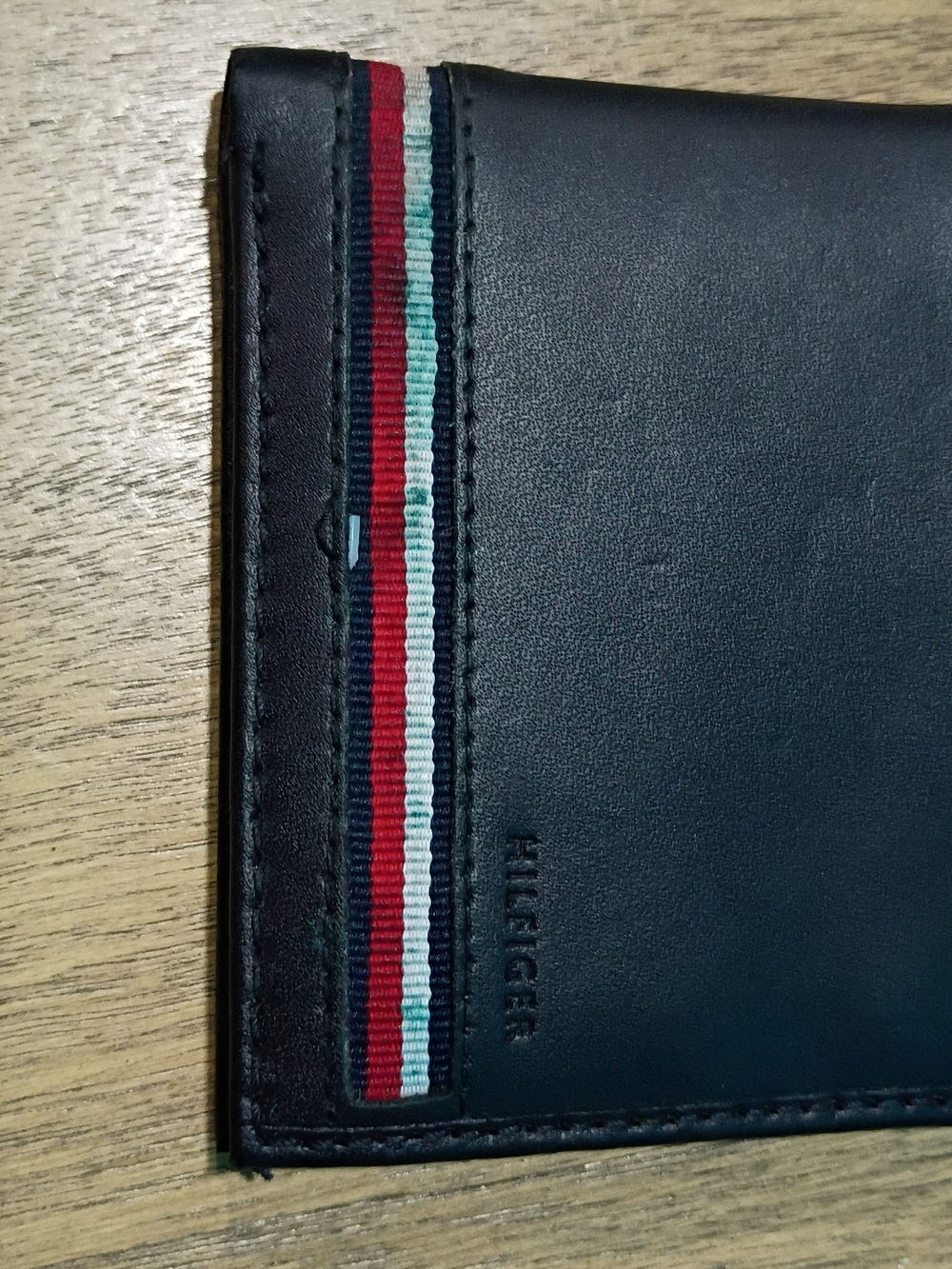 Tommy Hilfiger Navy Leather Bifold Wallet with Red-White-Blue Stripe